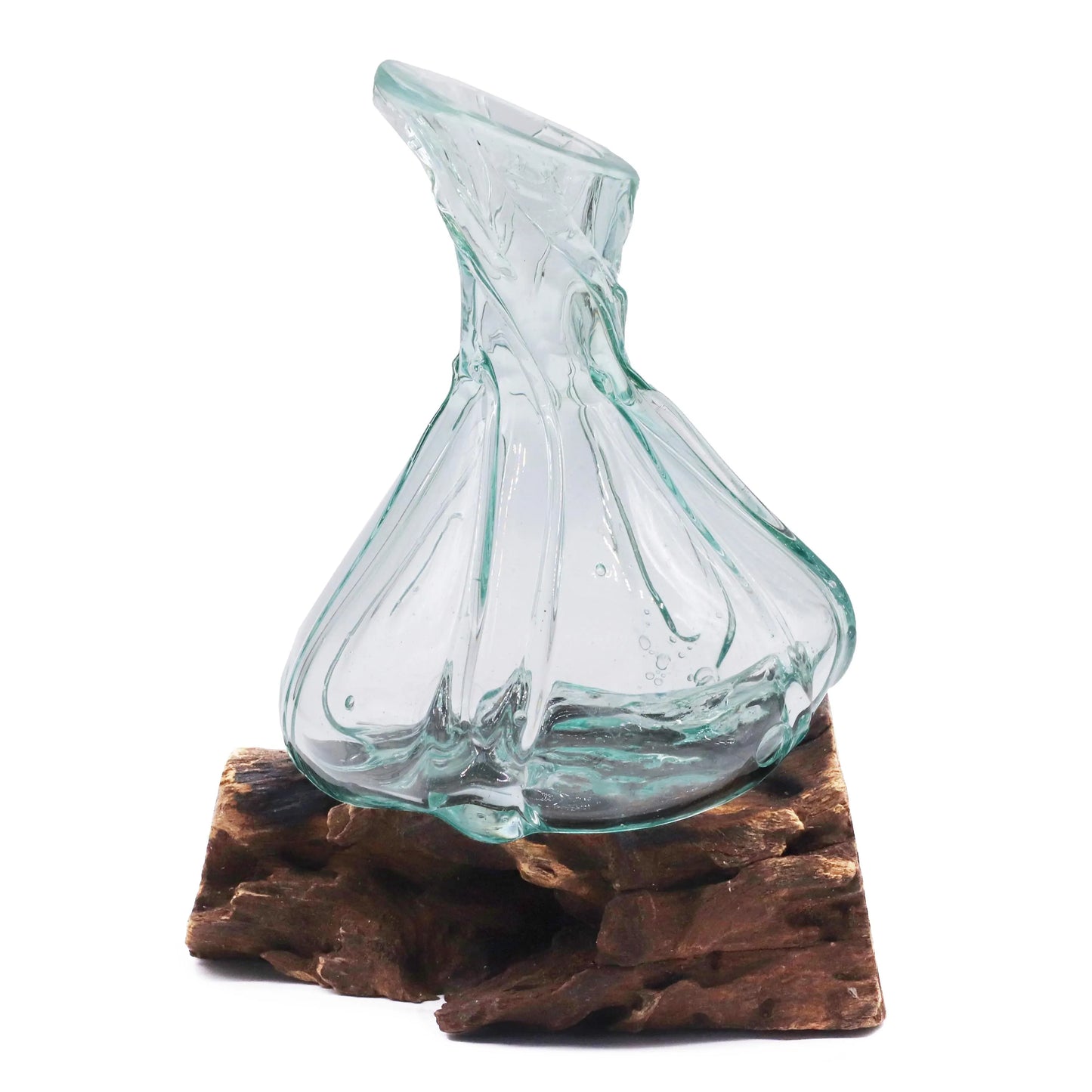 Molten Glass Fancy Mini Decanter on Wood 24cm Fair Trade.
