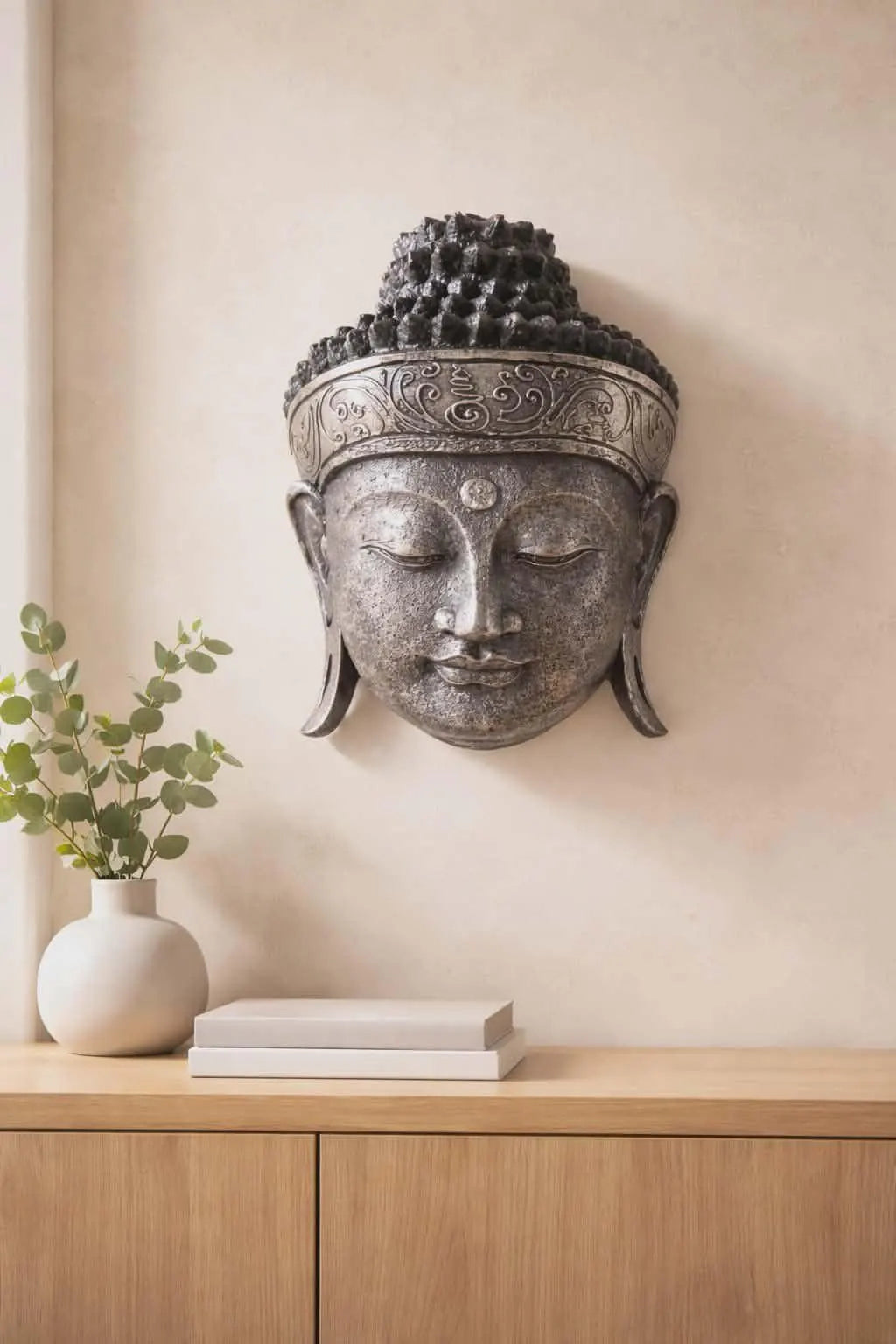 Home Decoration Buddha Head - 25cm - Silver Shine Finish Fair Trade