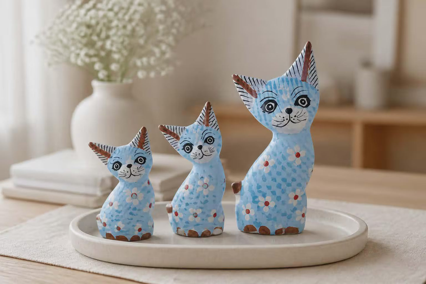 Set of 3 Blue Flower Cats Albesia Wood