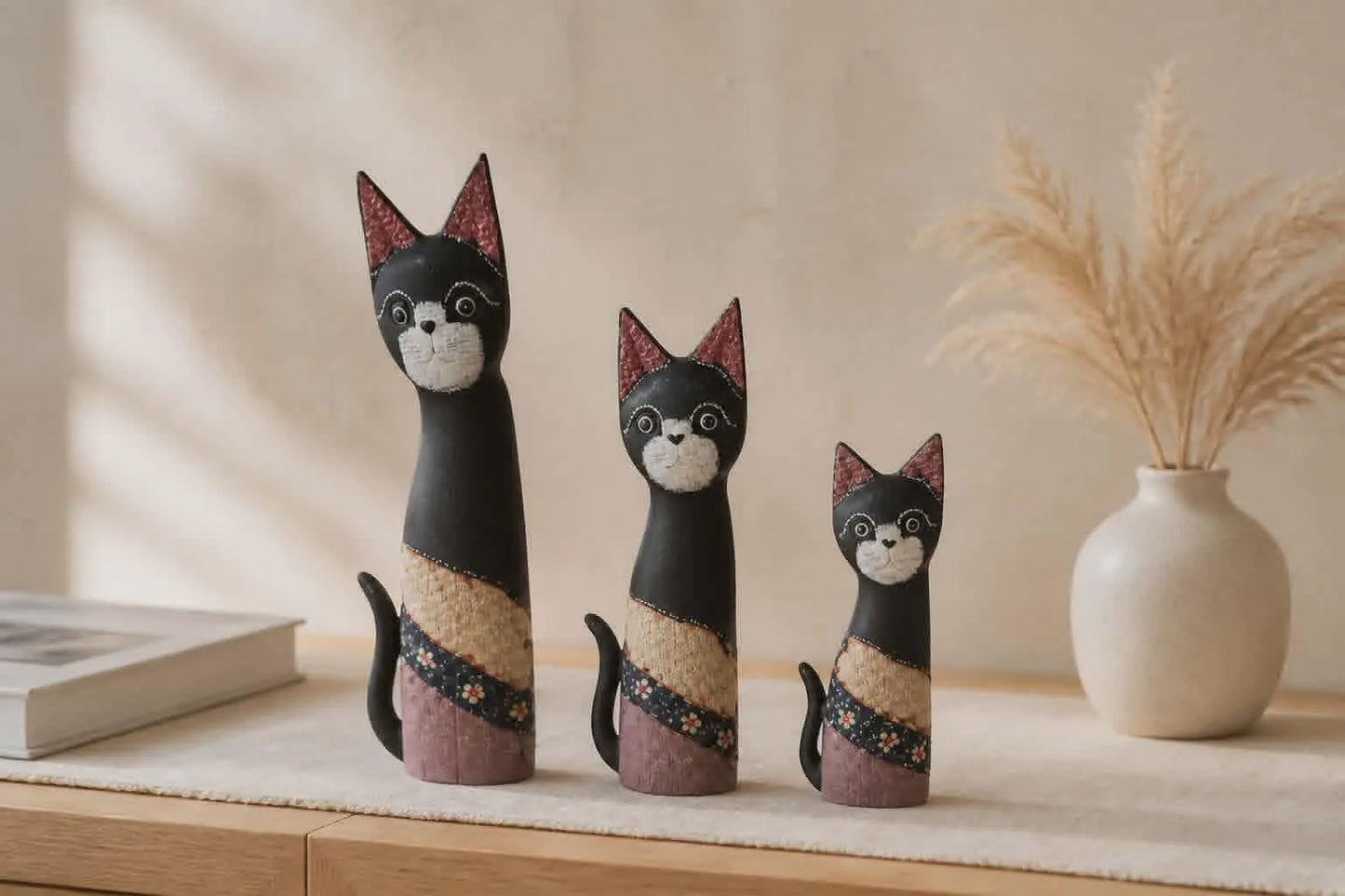 Set of 3 Black Cats Albesia Wood