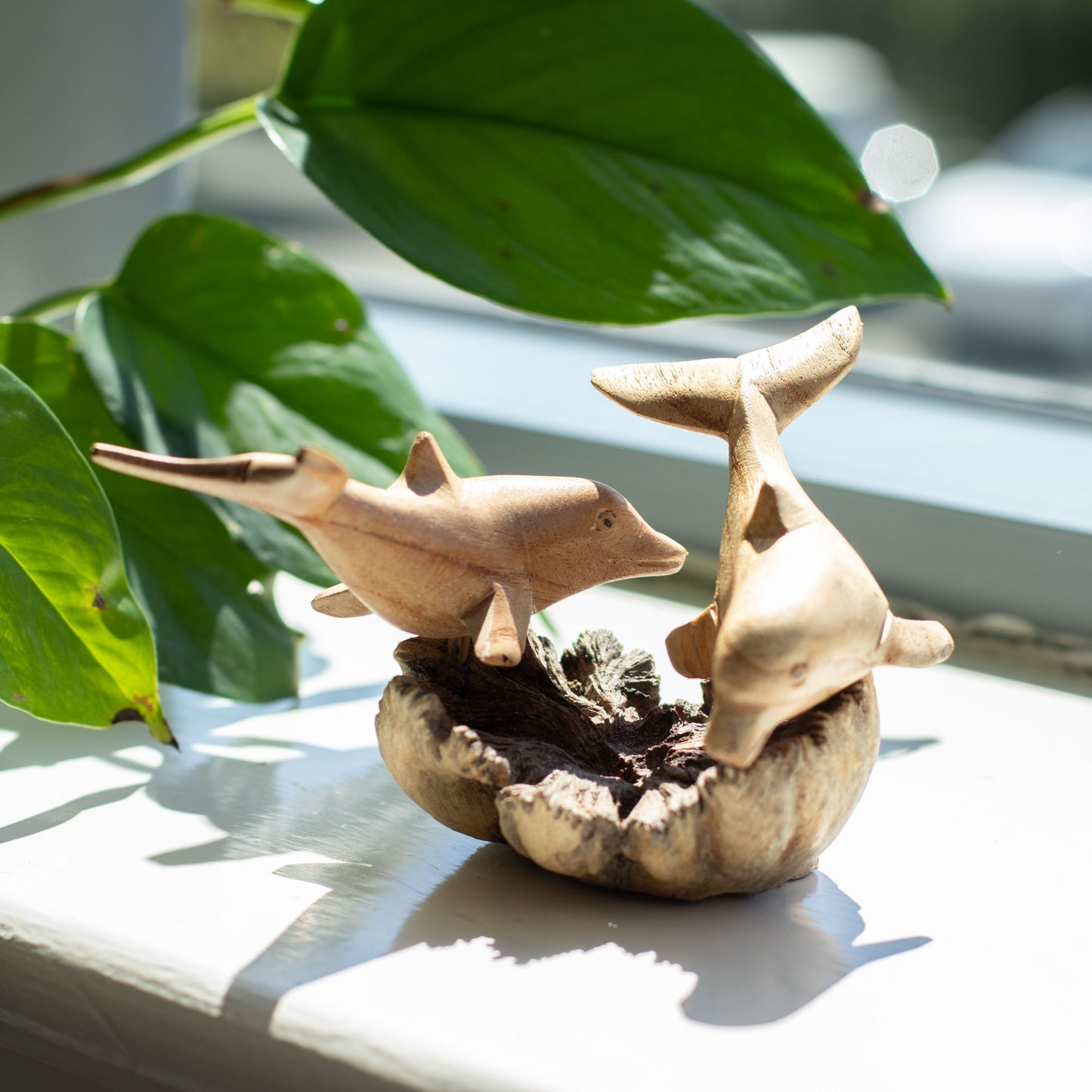 Handmade Parasite Wood Art Carving - Dolphins in Play