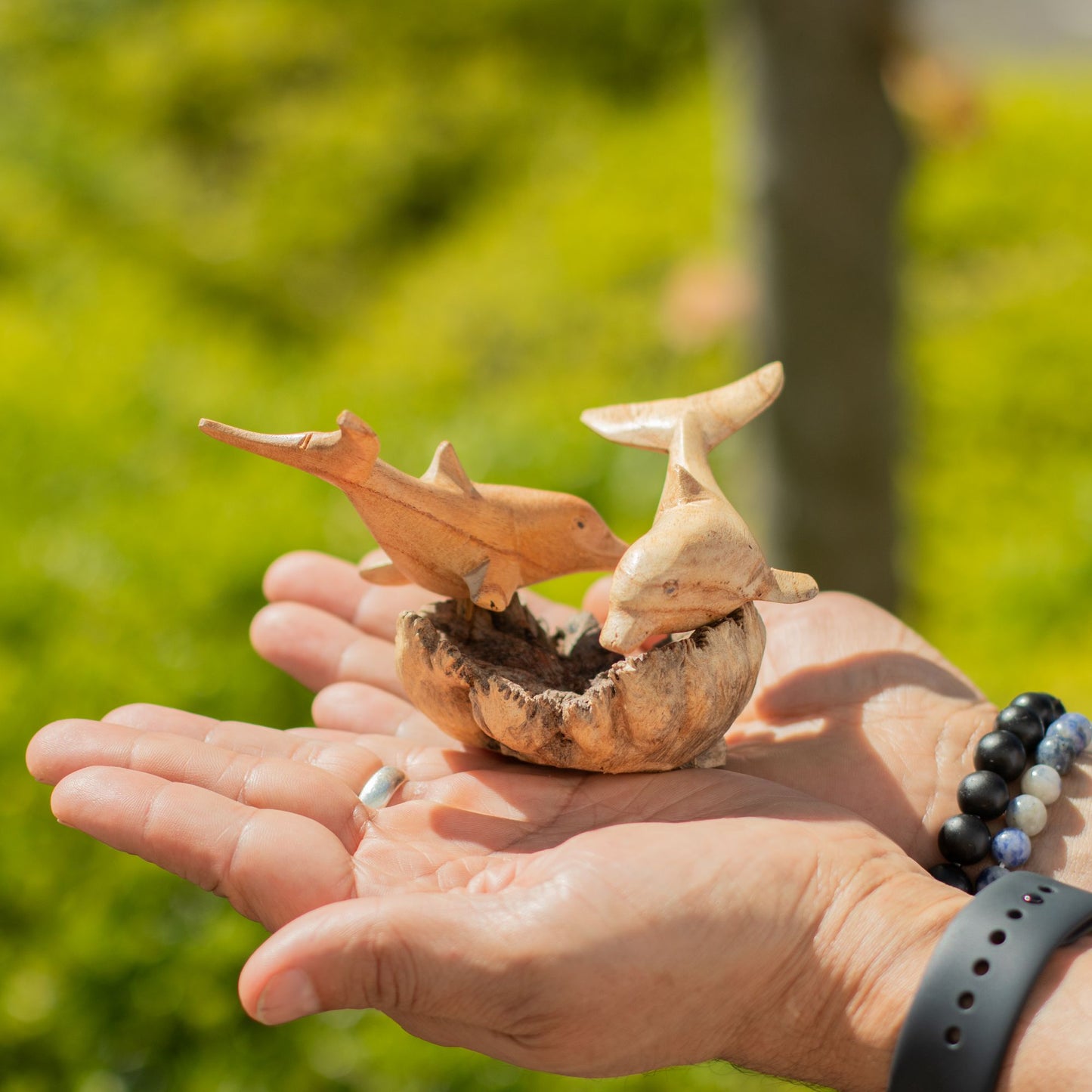 Handmade Parasite Wood Art Carving - Dolphins in Play