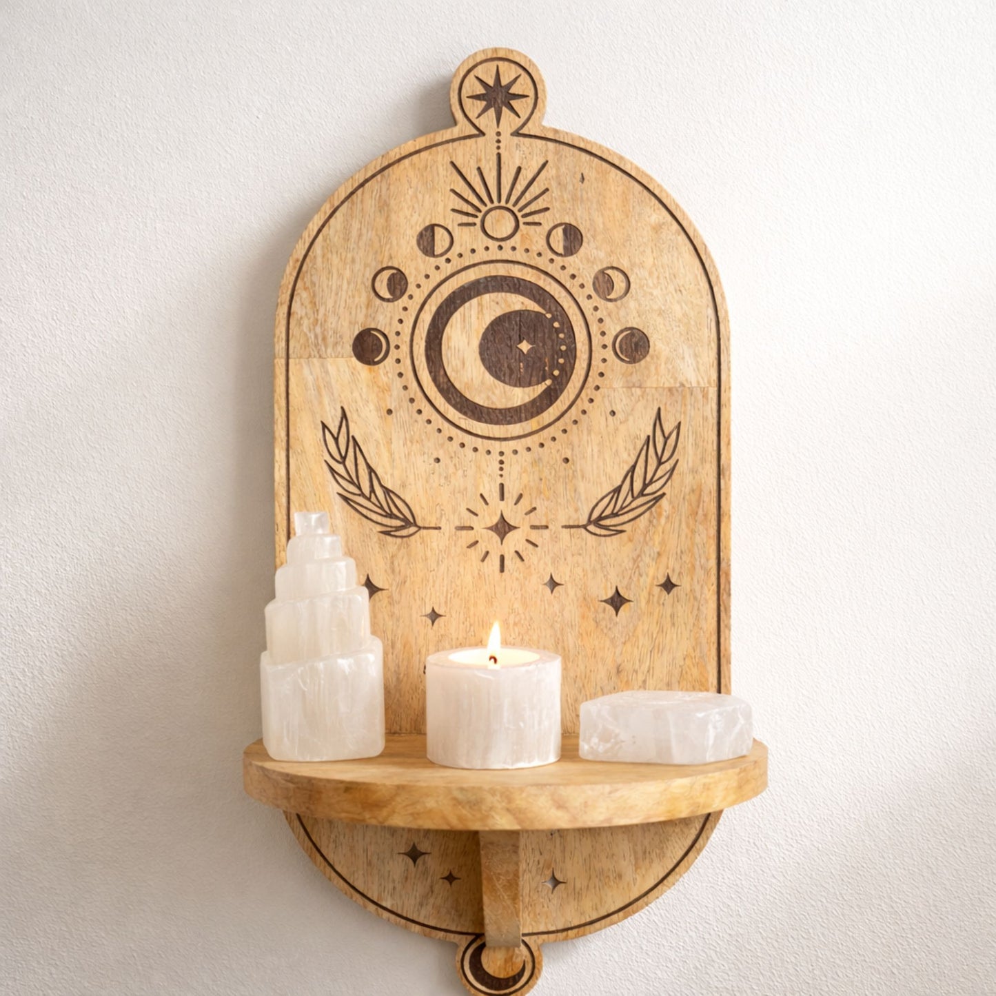 Moon Phase & Tree Carved Arch Wall Shelf