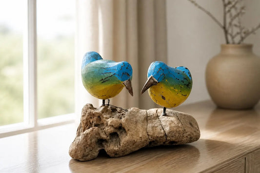 Natural root base with double wooden carved bird.