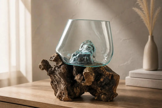 Medium glass bowl on wood, handmade.