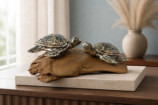 Two carved, painted turtles on root wood. Wood can be a different col.