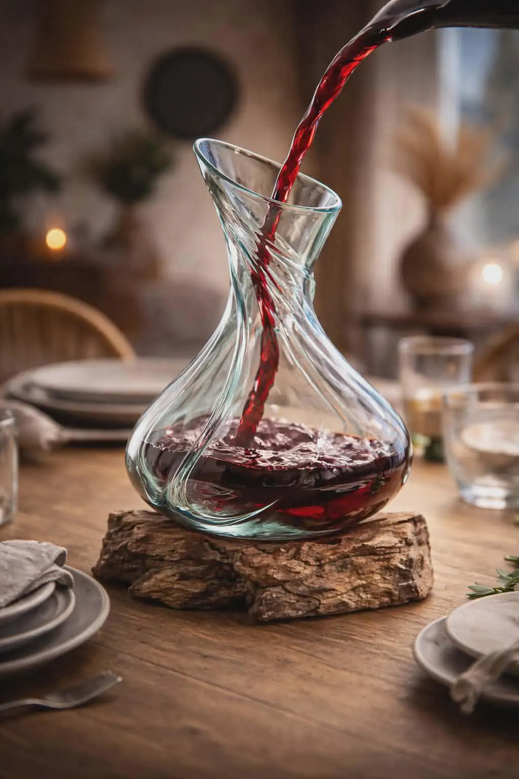 Molten Glass Fancy Mini Decanter on Wood 24cm Fair Trade.