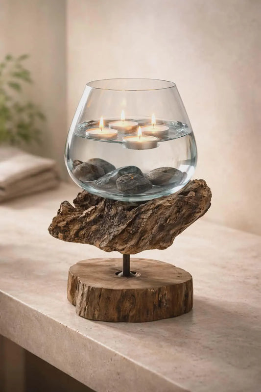 Molten Glass on Wood with Stand - Large Bowl - Handmade, Fair Trade.