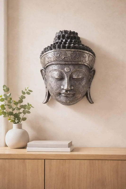 Home Decoration Buddha Head - 25cm - Silver Shine Finish Fair Trade