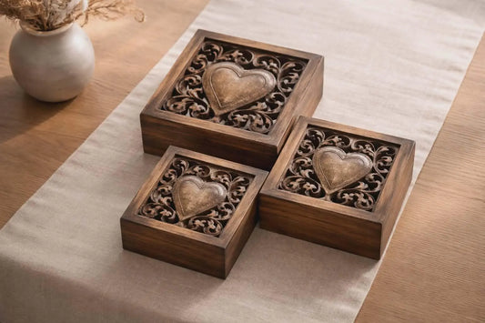 Mango Wood Set Of 3 Square Heart Cutwork Boxes Burnt Finish 25.5cm
