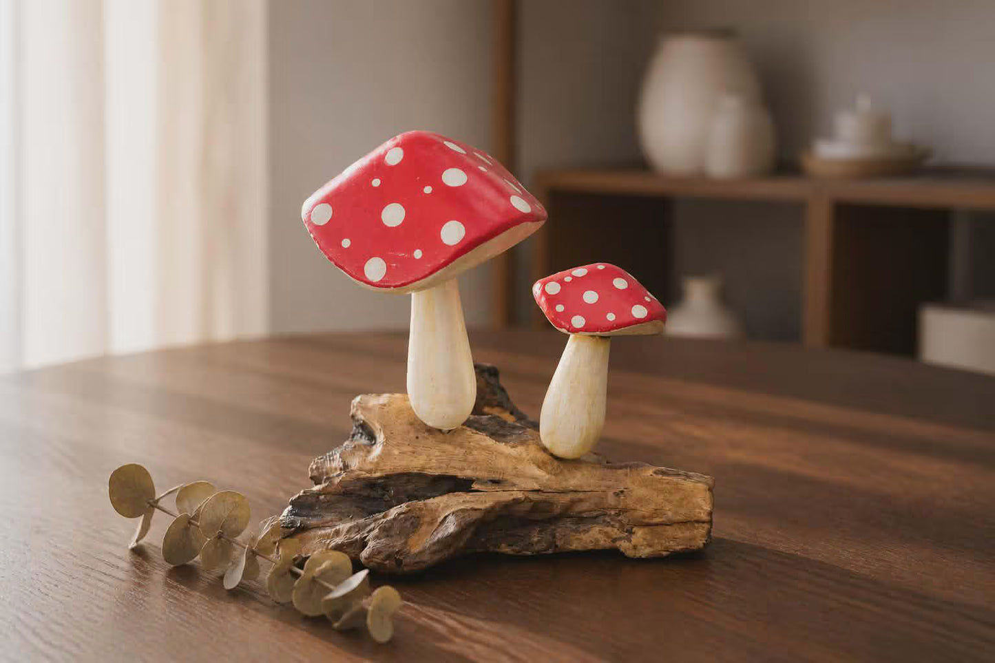 Wooden Ornament - 2 Toadstools Flat Tops Approx Height 15cm