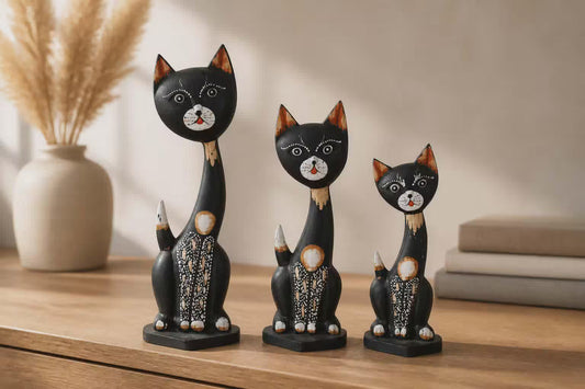 Set of 3 Dark Brown Cats Head To Side Albesia Wood