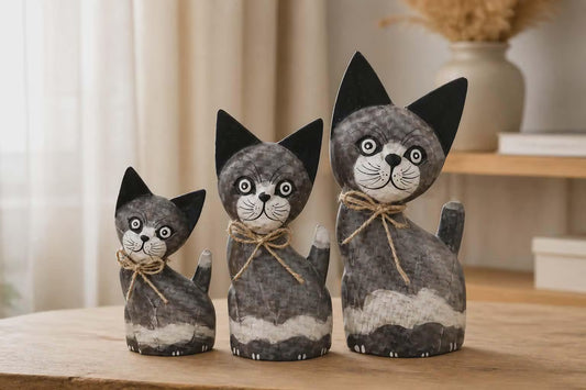 Set of 3 Brown Cats Albesia Wood