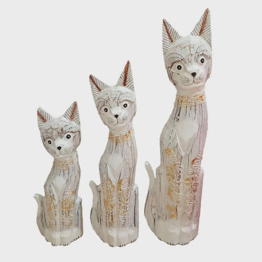 Set of 3 White Cats Albesia Wood