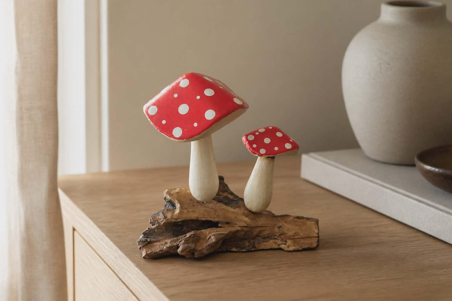 Wooden Ornament - 2 Toadstools Flat Tops Approx Height 15cm