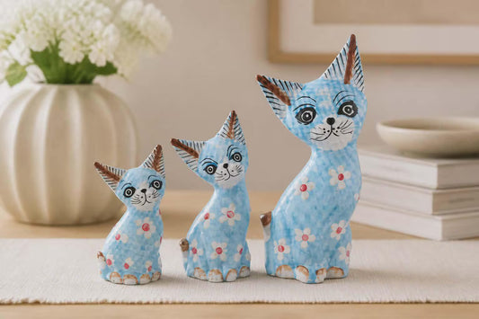Set of 3 Blue Flower Cats Albesia Wood